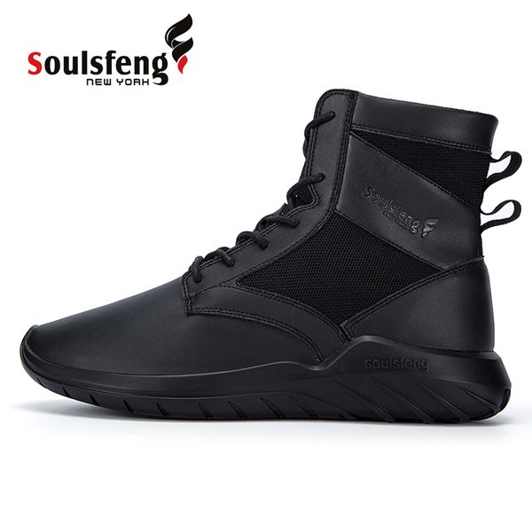 

soulsfeng high sneakers for mens black winter lace-up leather hiking boots anti slip walking shoes male mountain shoes