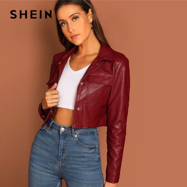 

shein burgundy pocket patched pu leather jacket 2019 fashion solid long sleeve cropped jacket women streetwear coat, Black;brown