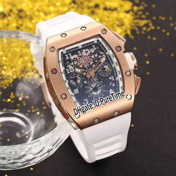 

rm011 rm11 miyota automatic mens watch rose gold black skeleton dial big date white rubber strap sports watches 8 colors puretime 11b2, Slivery;brown