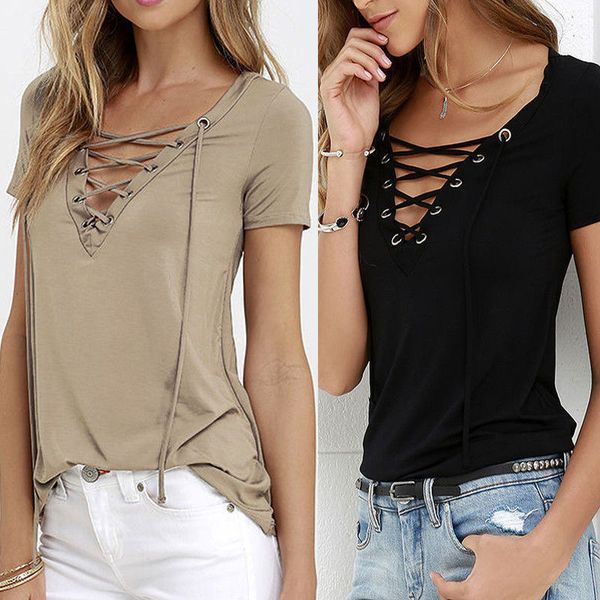 

women's casual t-shirt short sleeve bandage shirt lady blouse, White