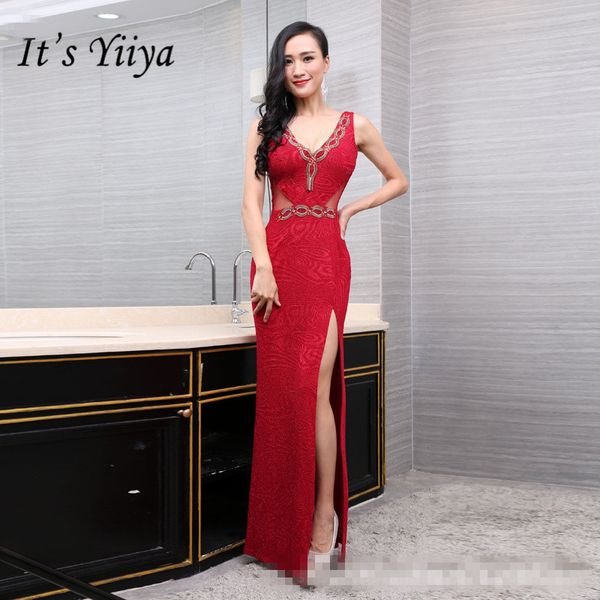 

it's yiiya fashion split red prom gowns elegant v-neck hollow out floor-length formal dresses h073, White;black