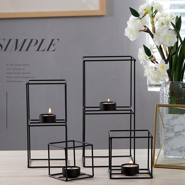 Wire Cube Candle Holder Cubic Metal Tealight Holder Black Wrought Iron Votive Candle Holder Geometric Creative Table Decoration Tall Glass Candle