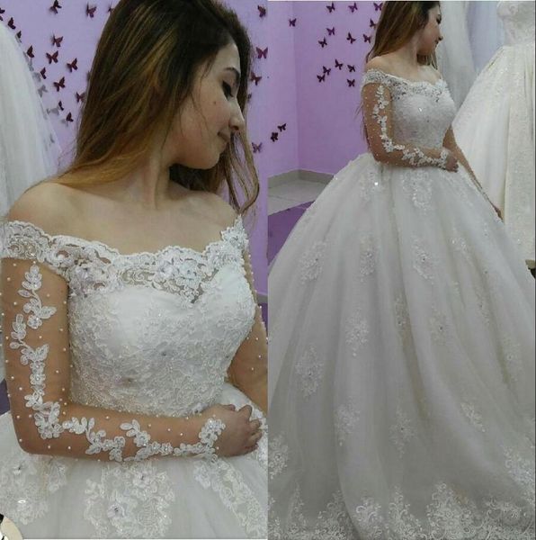 

glamorous arabic dubai lace ball gown wedding dresses 2020 long sleeves appliques church formal bride bridal gown plus size custom made, White