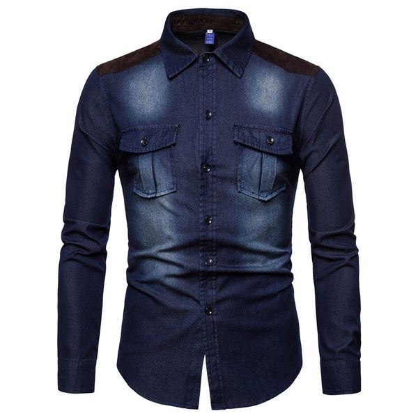

solid color mens casual denim shirts fashion pockets panelled mens designer denim shirts casual males clothing, White;black