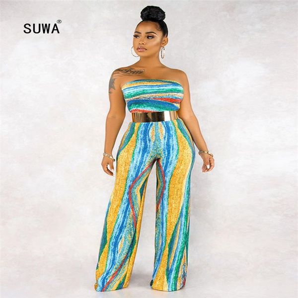 

suwa new design vertical striped high wiast straight long jumpsuit women casual strapless sleeveless catsuit lady overalls, Black;white