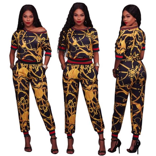 

luxury women two piece pants women fashion golden chain priting sets panelled knited ribbon women two piece sets, White
