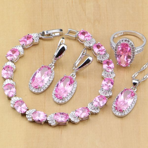 

lovely pink cz silver 925 jewelry sets for women wedding accessories earrings/pendant/rings/bracelet/necklace, Slivery;golden