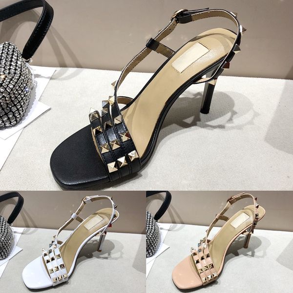 

2020 new fashion womens stiletto heel heels sandale metal rivet decoration calfskin leather big size ladies gladiator sandals, Black