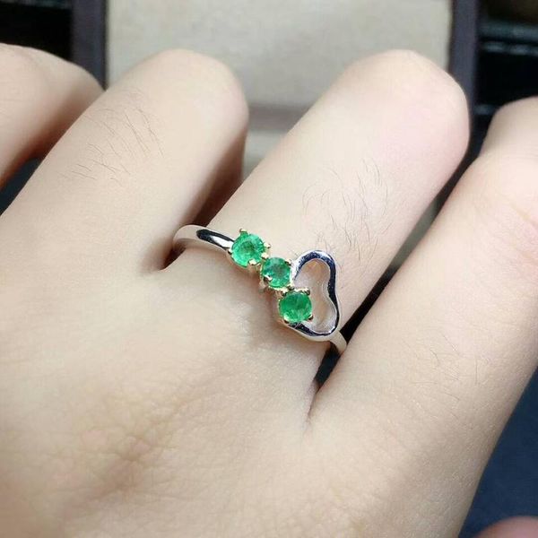 

meibapj 3 beads natural emerald gemstone heart ring for women real 925 sterling silver charm fine wedding jewelry, Golden;silver