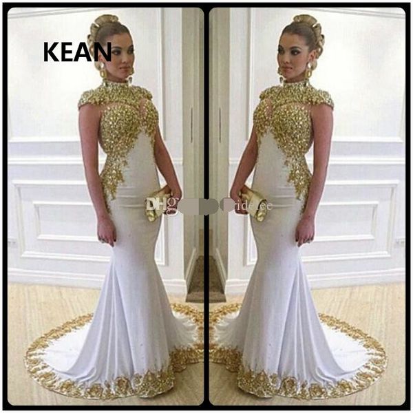 

vestidos white evening dress cap sleeve mermaid gold lace illusion robe de soiree islamic dubai kaftan saudi arabic prom dress, White;black