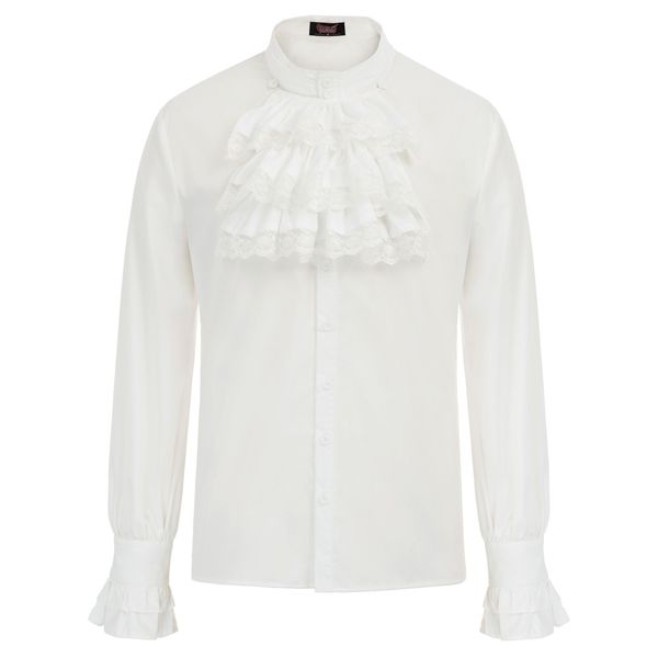 

2019 men dress shirt long sleeve slim sd brand men's gothic steampunk long sleeve stand collar jabot decorated shirt, White;black