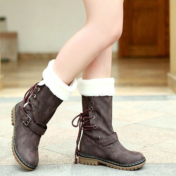 

women boots 2019 fashion lace-up mid-calf boots solid color flat heels ladies casual warm shoes botas mujer, Black