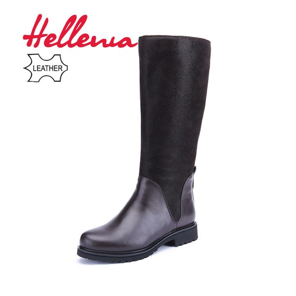 

hellenia fashion genuine full grain leather med heels shoes roud toe heel boot warm winter cow leather winter boots shoe, Black