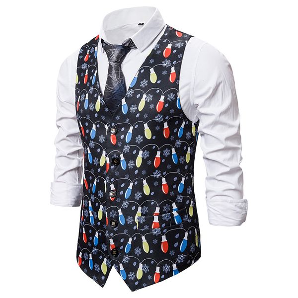 

new mens 3d light bulb printed vest christmas single-breast vest slim fit waistcoat men xmas party cosplay men casual shirt, Black;white