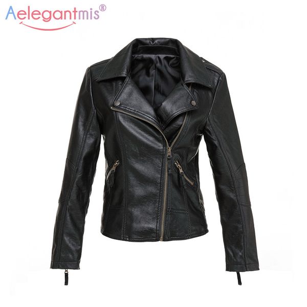 

aelegantmis classic design pu leather jacket women slim black faux soft leather motorcycle jacket lady autumn rivet zipper coat