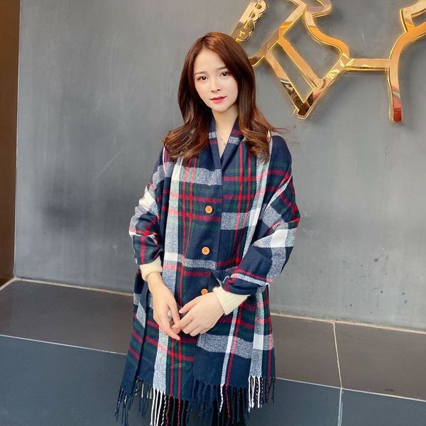 

2019 new cashmere button women's cape shawl dual-use thick fringed plaid scarf women's bib in autumn and winter, Blue;gray