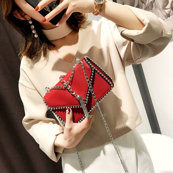 

women's shoulderbag diagonal span bag 2020 spring new women's bag korean version rivet chain bar small square tassel