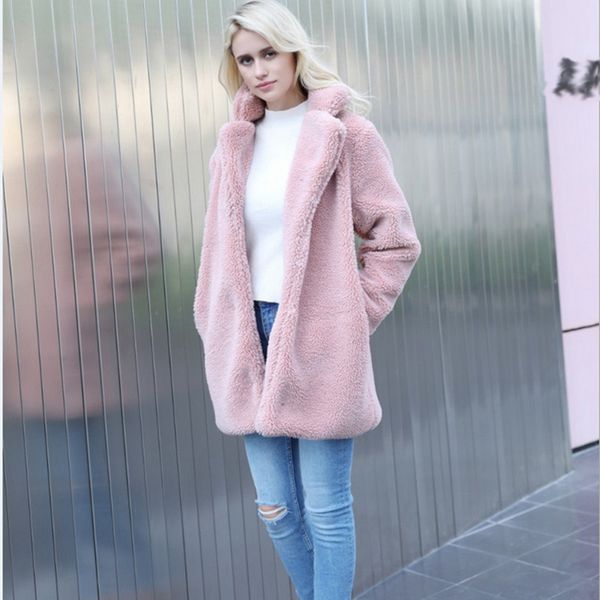 

2018 new elegant pink shaggy women faux fur coat streetwear autumn winter warm plush teddy coat female plus size overcoat party, Black