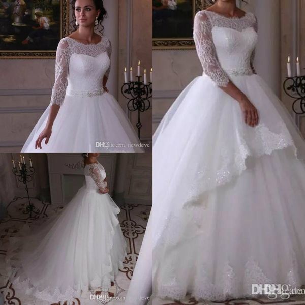 

2020 принцесса свадебные платья line scoop 3/4 с длинным рукавом развертки свадебное платье с кружевной аппликацией бисера створки плюс разм, White
