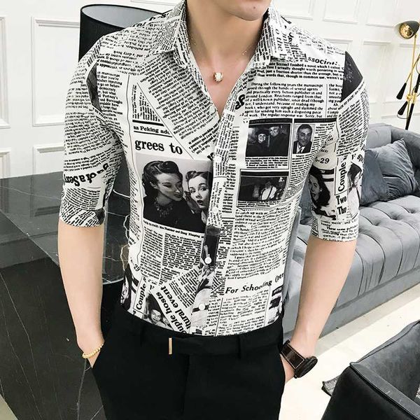 

men shirts summer shirt half sleeve slim fit newspaper print shirt men casual night club party dress shirts mens, White;black
