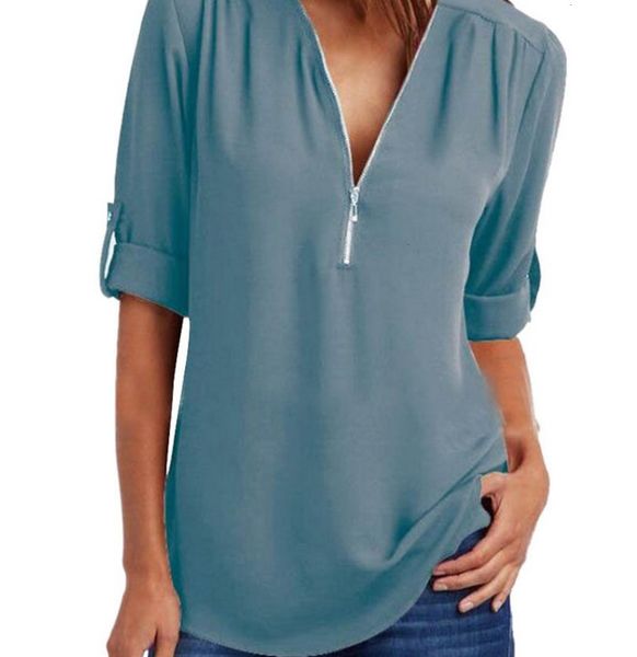 

плюс размер блуза женщины рубашки с коротким рукавом женщины zipper sexy v шеи твердые женщин топы блузки повседневные рубашки топы женские, White