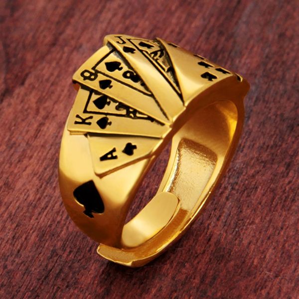

Magician Playing Card Men's Titanium Steel Ring Retro Hip Hop Texas Poker Tonghuashun Casting Ring Adjustable Size
