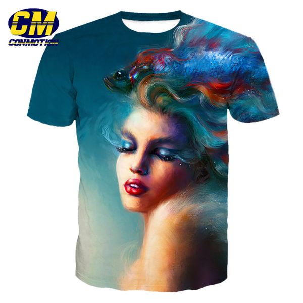 

oil painting dream beauty girl goldfish print fashion 3d short sleeve t-shirt, White;black