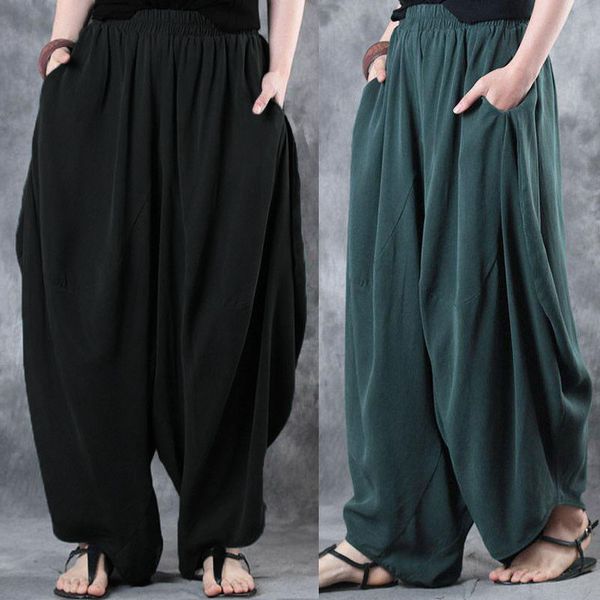 

women retro ethnic loose harem pants drop-crotch baggy wide legs trousers, Blue