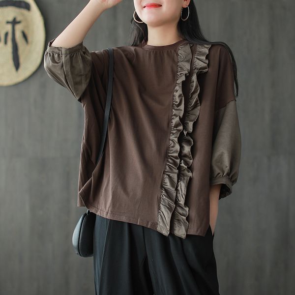 

johnature 2020 new spring ruffles t-shirts summer three quarter sleeve retro cotton comfortable women o-neck patchwork, White