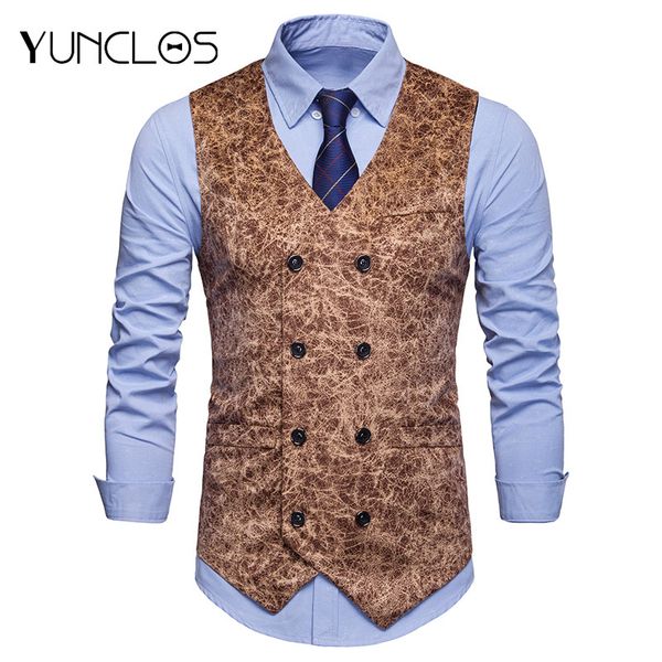 

yunclos leopard printed men's waistcoat wedding party men suit vest waistcoat casual double breast jacquard colete masculino, Black;white