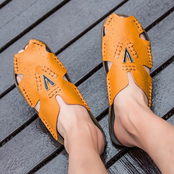 

slippers men casual shoes half drag beach shoe outdoor baotou hollow out male slides flats lazy dual-use sandals, Black