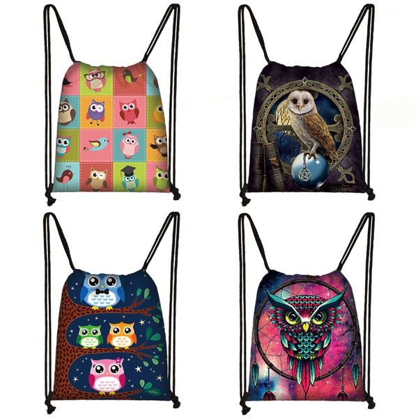 

cute owl print drawstring bag women canvas storage bag female fashion travel bags children backpack