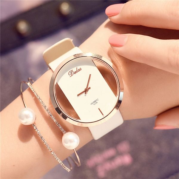 

hot fashion women watch leather skeleton strap watch women dress casual quartz reloj mujer wristwatch girl, Slivery;brown
