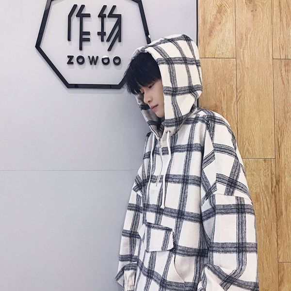 

harajuku men sweatshirts 2019 autumn new casual loose couple plaid student hoodie sweatshirts tops men, Black