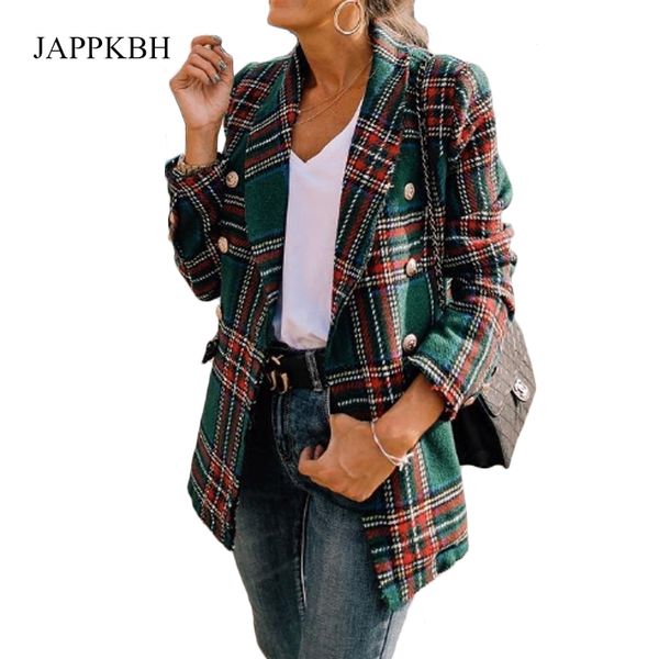 

jappkbh vintage plaid tweed jacket women new spring streetwear double breasted pocket jackets long sleeve coat veste femme modis, Black;brown