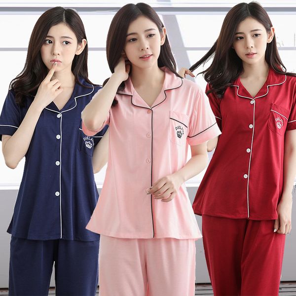 

women's sleepwear swt 2021 pure color casual cardign pajamas ladies summer short sleeve pants knitted cotton comfortable home clothes f, Black;red