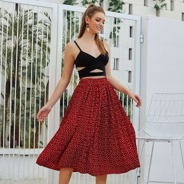

white dots floral print pleated midi skirt women elastic high waist side pockets skirts summer 2019 elegant female bottom, Black