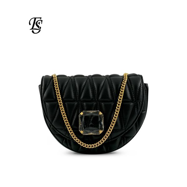 

eshunfa women's shoulder bag pure color metal chainrhomboggin embroidery thread semicircle package type with diamond women bag