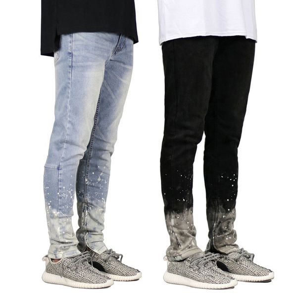 

splashing ink designer men jeans spring autumn zipper slim fit pencil pants jean trousers, Blue