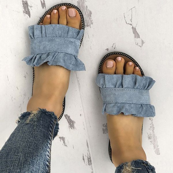 

2020 women slippers female ruffles slides ladies summer beach casual slip on flats shoes woman comfortbale sandals footwear, Black