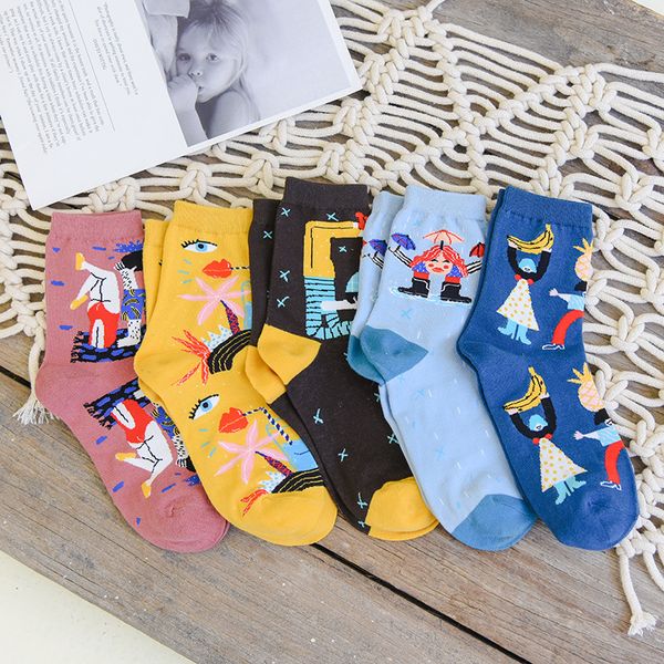 

women's socks autumn and winter new european and american vacation series cartoon color graffiti ladies medium tube socks wholesale cas, Black;white