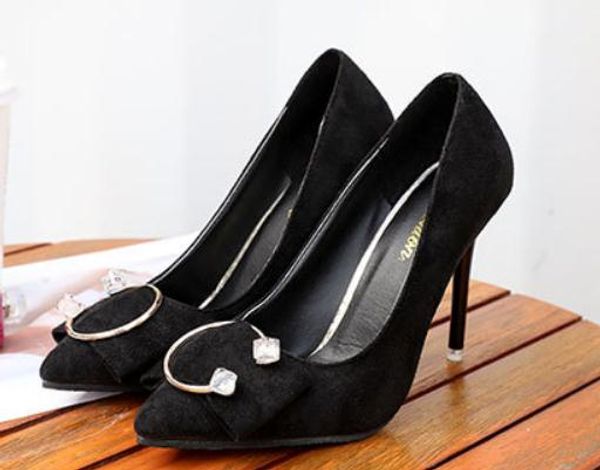 

2019 women's shoes in spring and autumn with new style high heel fine heel pointed end bowknot suede@2117, Black