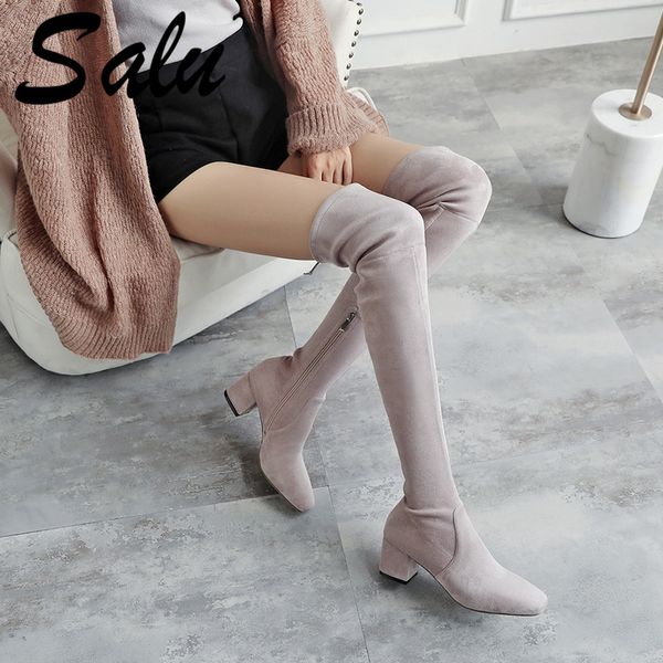 

salu over the knee high boots women high heels pointed toe party shoes woman tight warm winter boots long shoes, Black