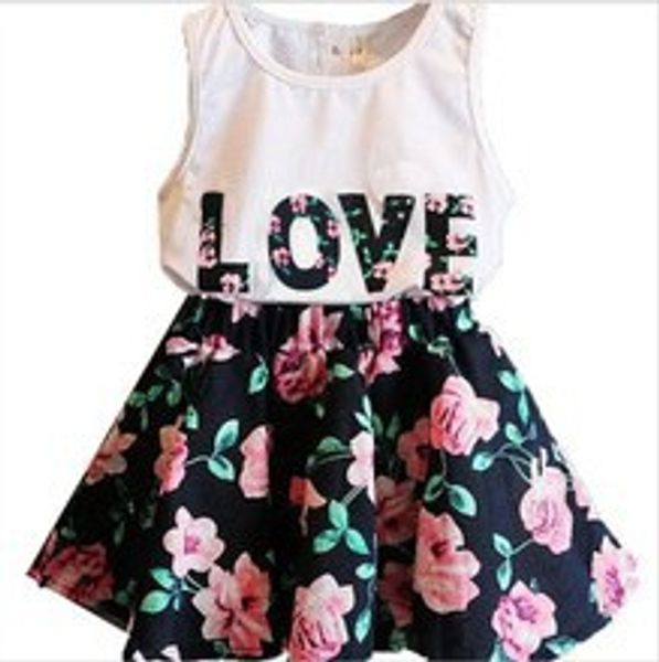 

2pcs girls letters t-shirt tank and skirt dress set outfits clothes set, White