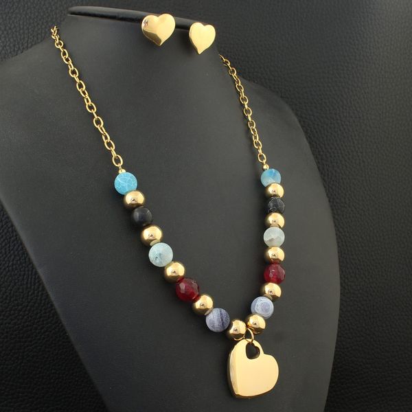 

new fashion heart pattern stainless steel jewelry gold color pendant necklace and earring sets for women wholesale sfgzarca, Silver