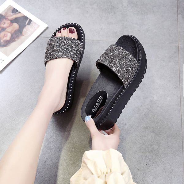

female shoes slippers casual slides string bead med platform 2020 luxury flat summer soft rubber cotton fabric pu fashion, Black