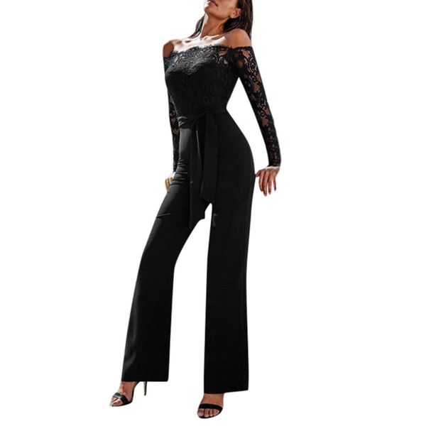 

womail jumpsuits for women 2019 casual off shoulder lace jumpsuit backless with belt bodysuit plus size body suits for women, Black;white