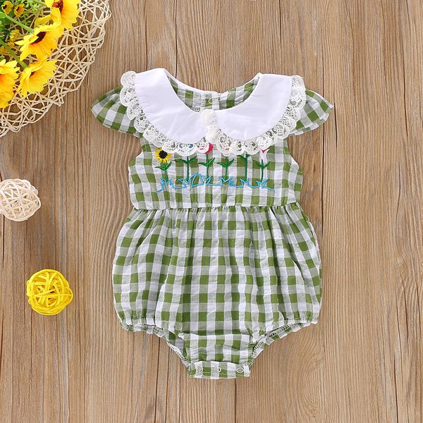

baby kids Designer Clothing climbing romper Sleeveless Plaid Print Design Girl Summer Pet Pan Collar With Flower Embroidery Lolita Romper