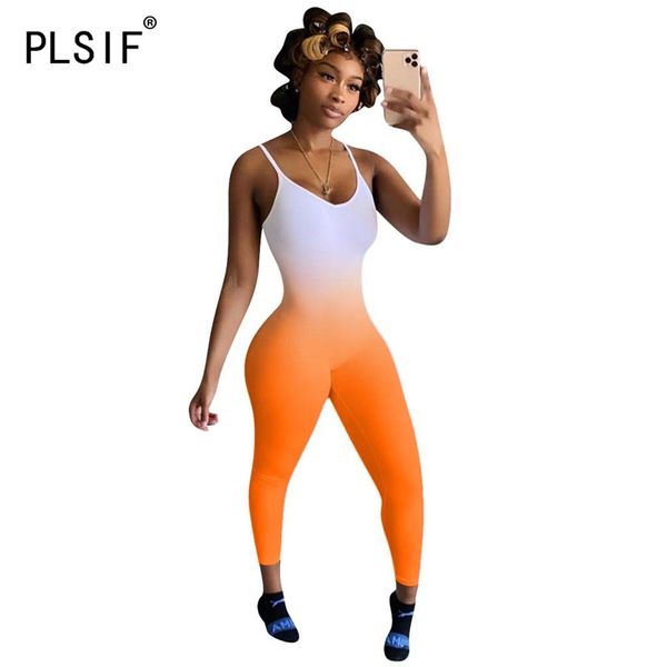 

women's jumpsuits & rompers 2021 beach style fashion gradient color / tie dye print lady summer spaghetti strap tight sports catsuits, Black;white