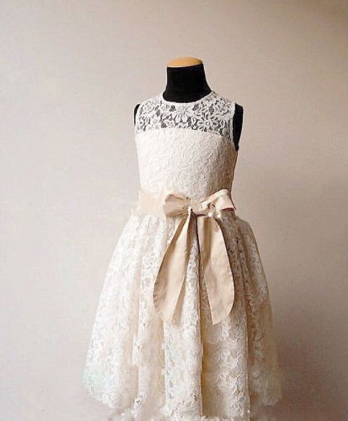 2019 Champagne Tea-lunghezza Flower Girl Dresses For Weddings Party senza maniche Jewel With Sash Bow Prima Comunione Kids Formal Gowns